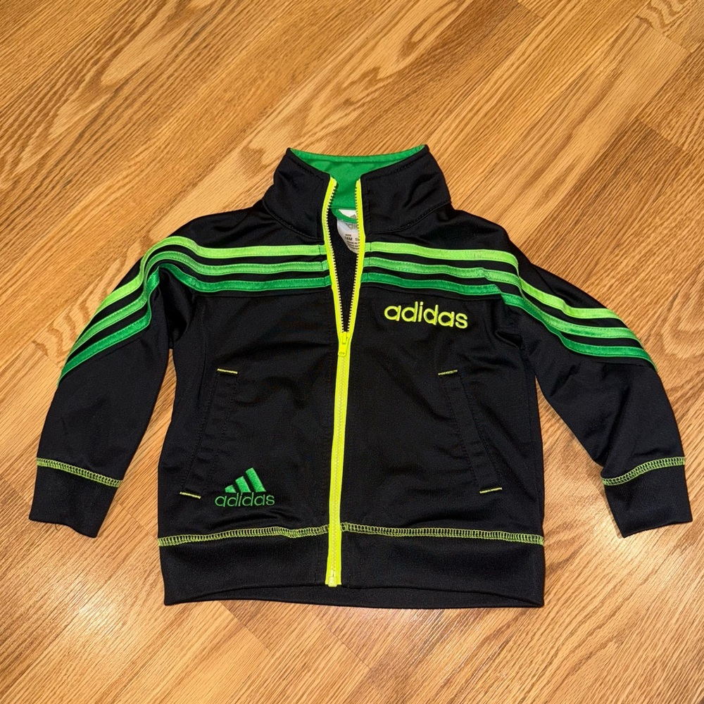 Adidas classic 3 Stripe Zip Up Track Jacket in‎ Black, Neon Green Sz 18 months